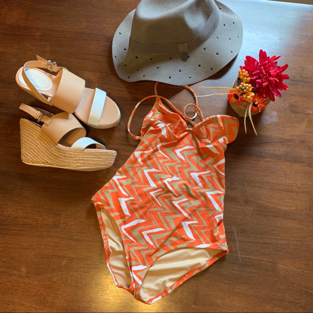 Madewell 1937 Orange & Tan One Piece Swimsuit 0